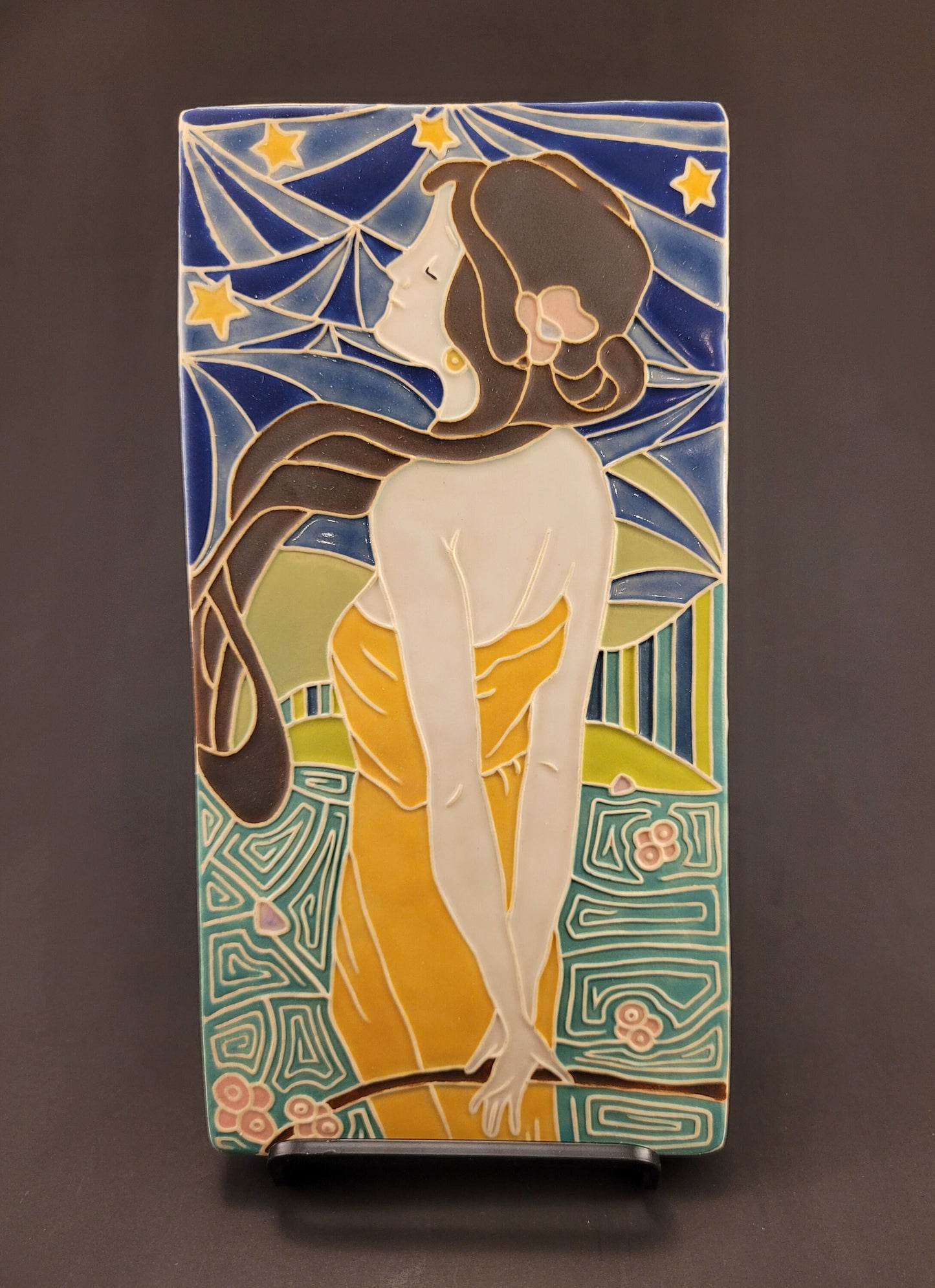 Art Nouveau Lady of the night - Handmade ceramic art tile