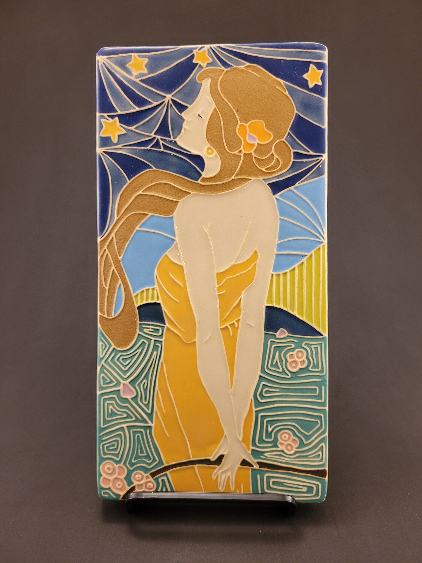 Art Nouveau Lady of the night - Handmade ceramic art tile