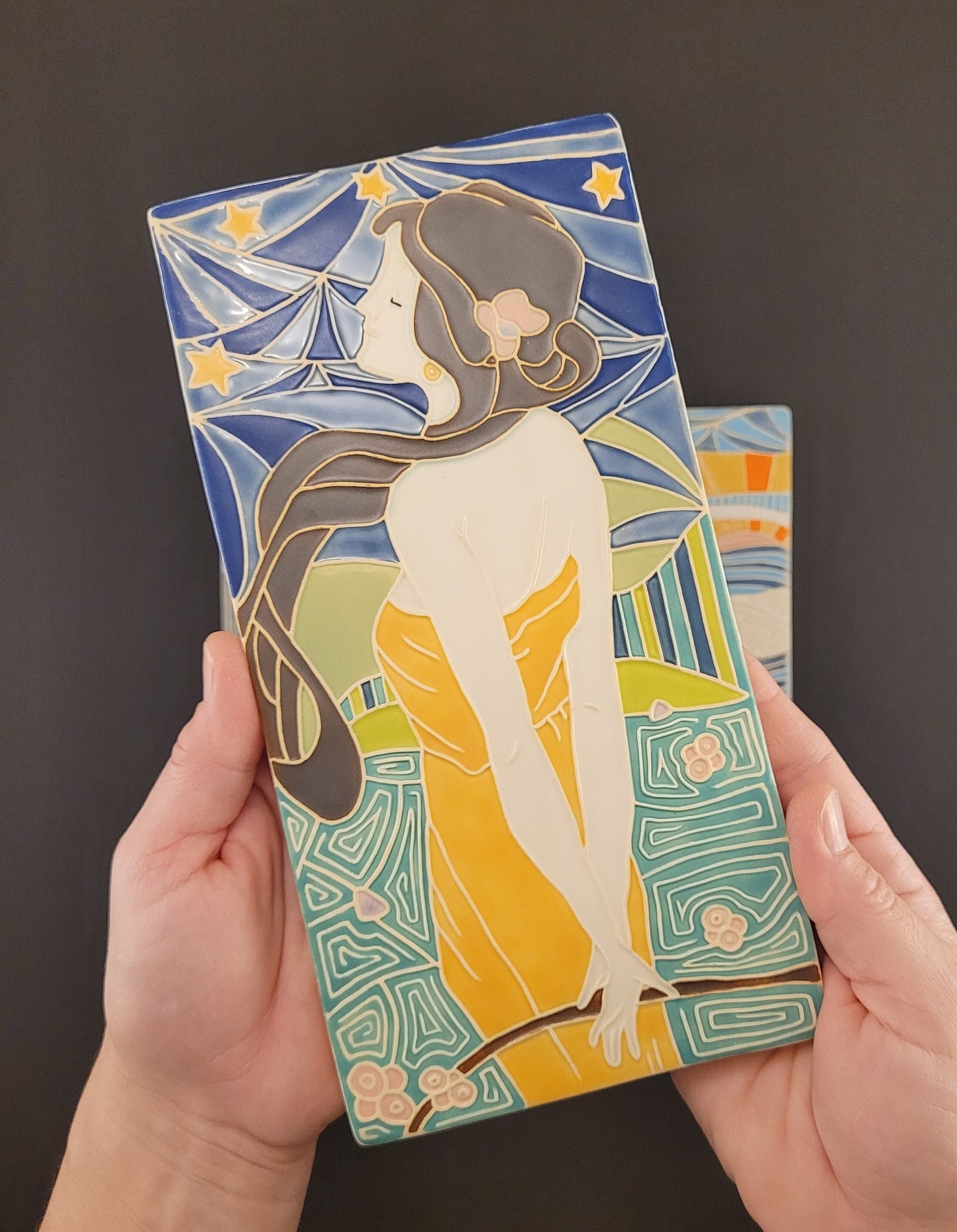 Art Nouveau Lady of the night - Handmade ceramic art tile