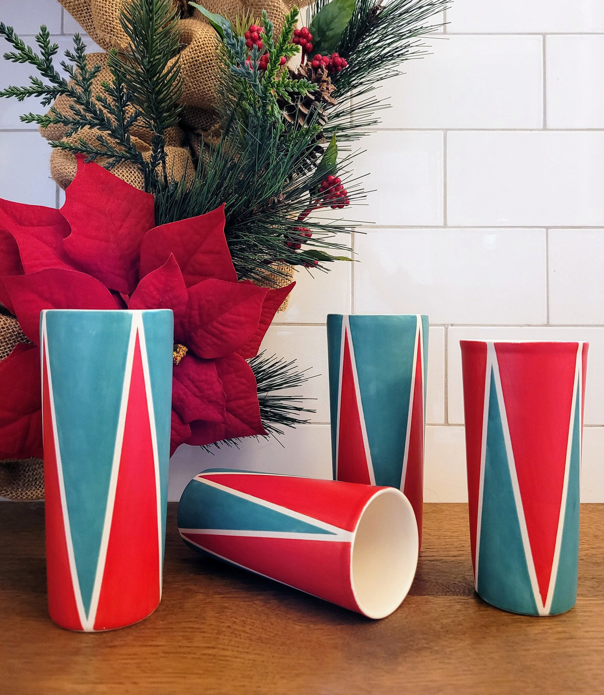 Holiday tumblers, Vintage Mod inspired handmade ceramic tumblers set, slip casted ceramic cup set, 10oz