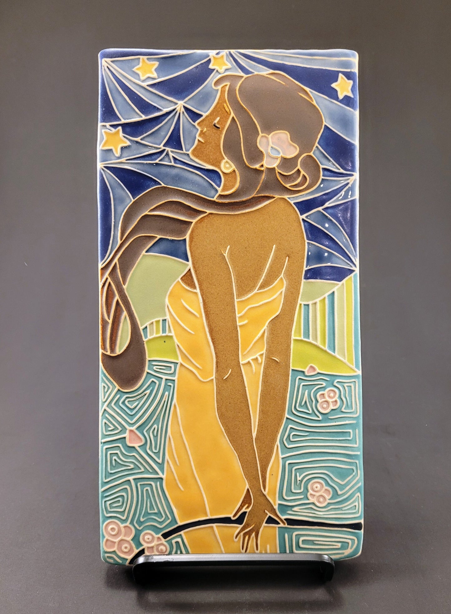 Art Nouveau Lady of the night - Handmade ceramic art tile