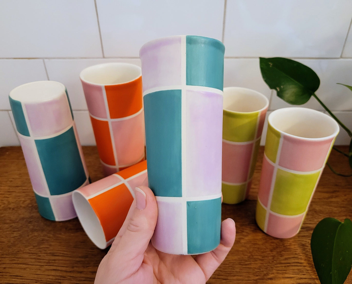 Vintage Mod inspired handmade ceramic tumblers set, slip casted ceramic cup set, 10oz