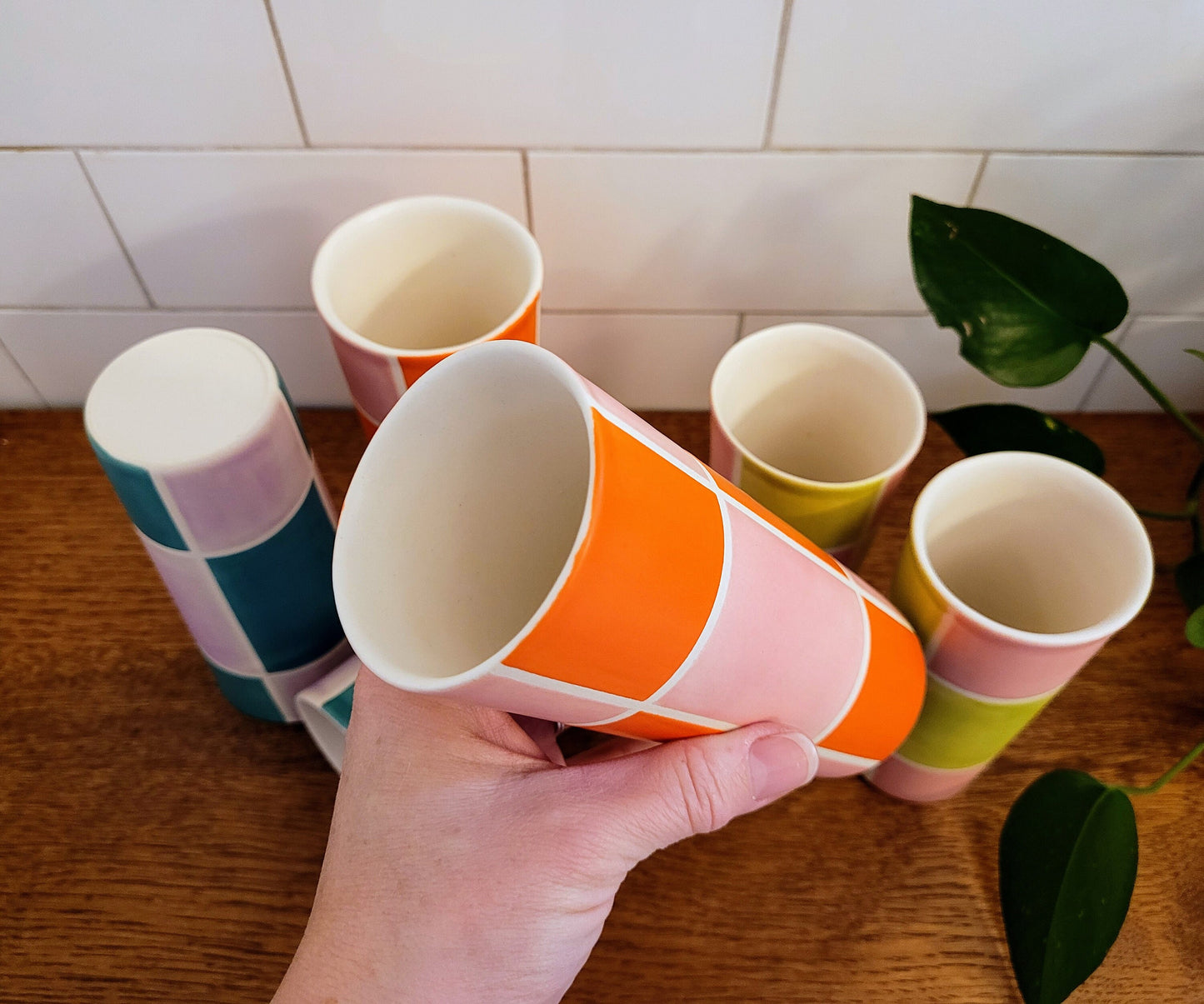 Vintage Mod inspired handmade ceramic tumblers set, slip casted ceramic cup set, 10oz
