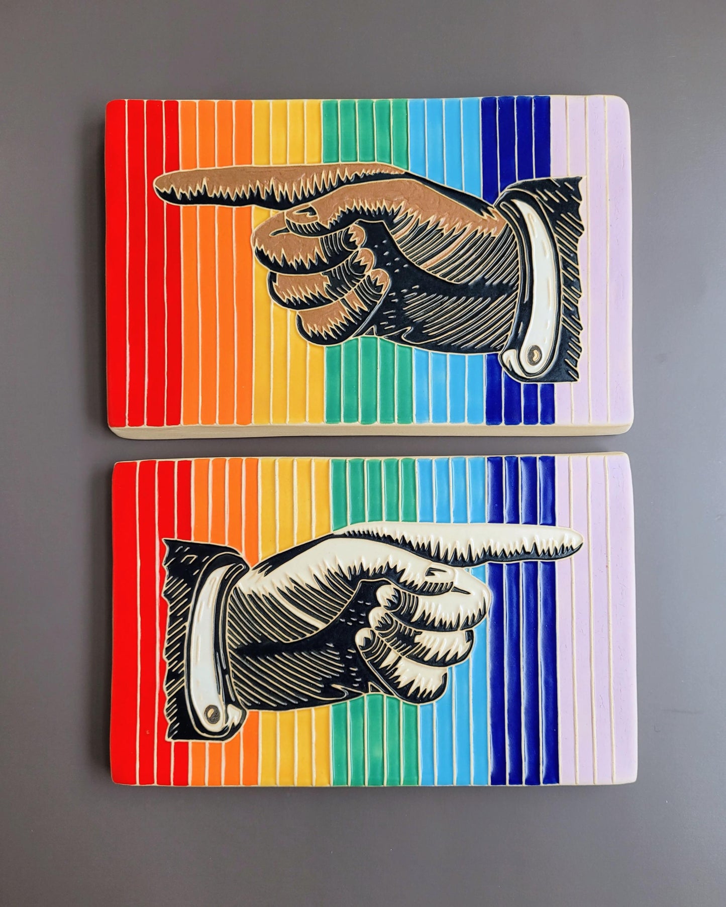 Antique LEFT Pointing Hand,  Handmade ceramic art tile