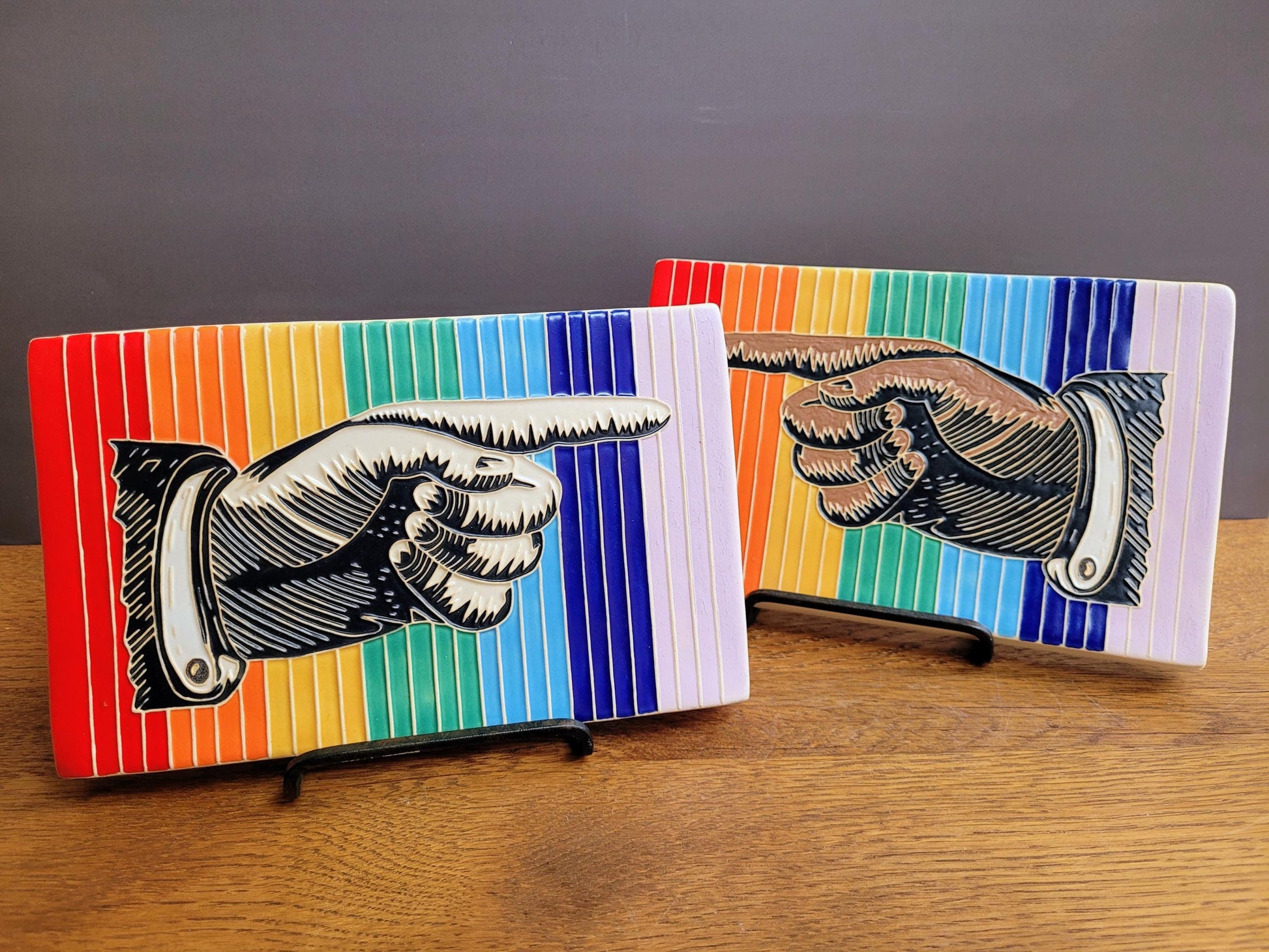 Antique LEFT Pointing Hand,  Handmade ceramic art tile