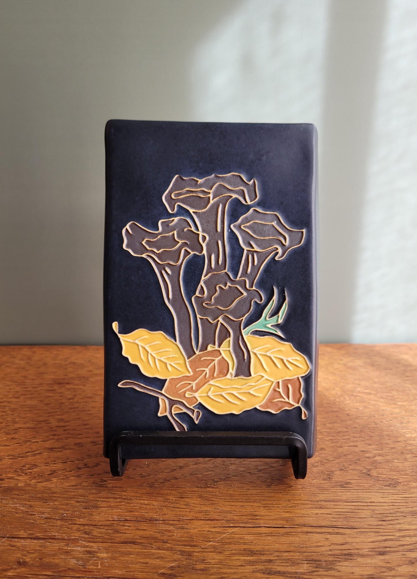 Black Trumpet Mushroom, Horn of Plenty, handmade ceramic art tile