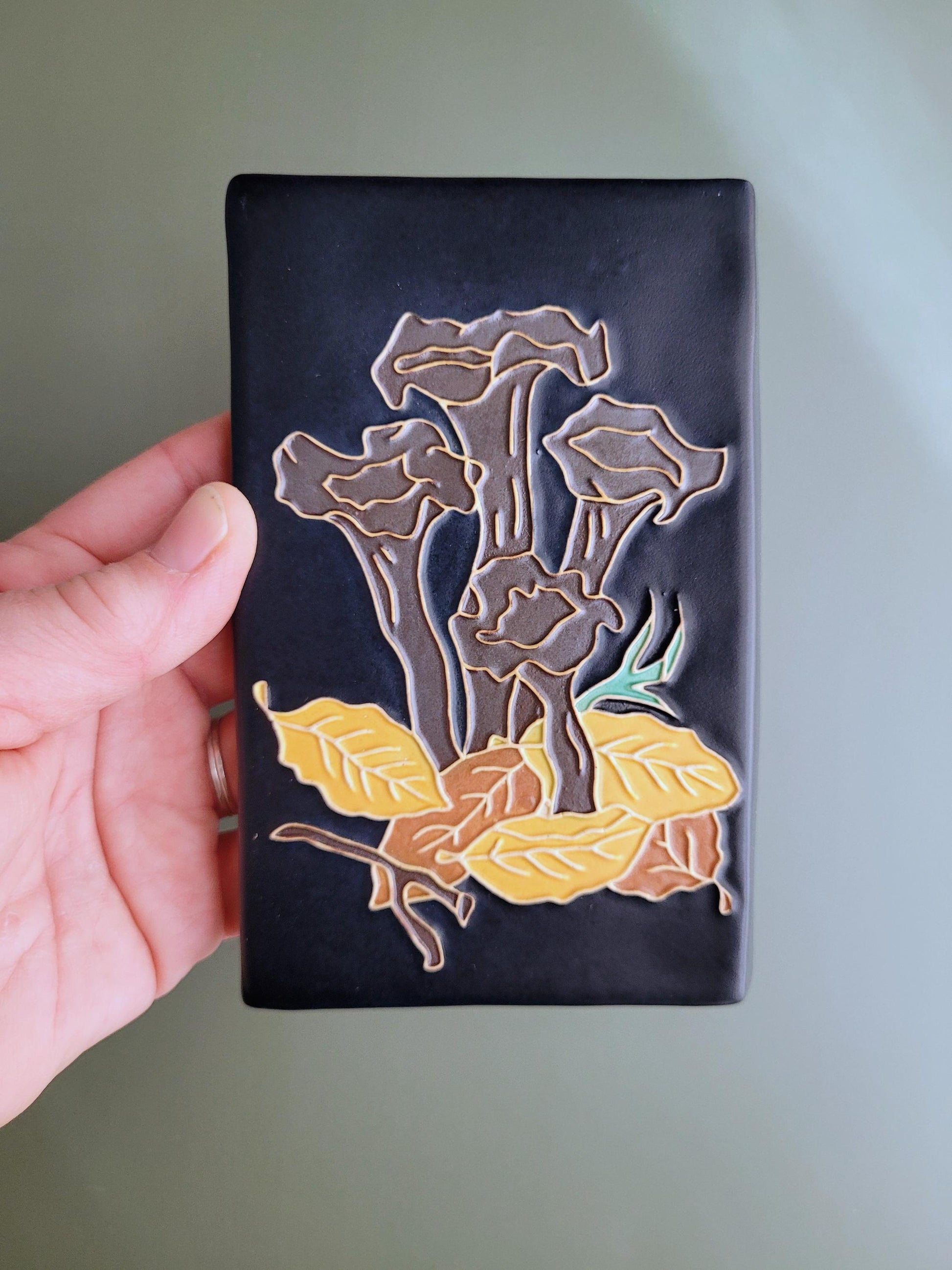 Black Trumpet Mushroom, Horn of Plenty, handmade ceramic art tile