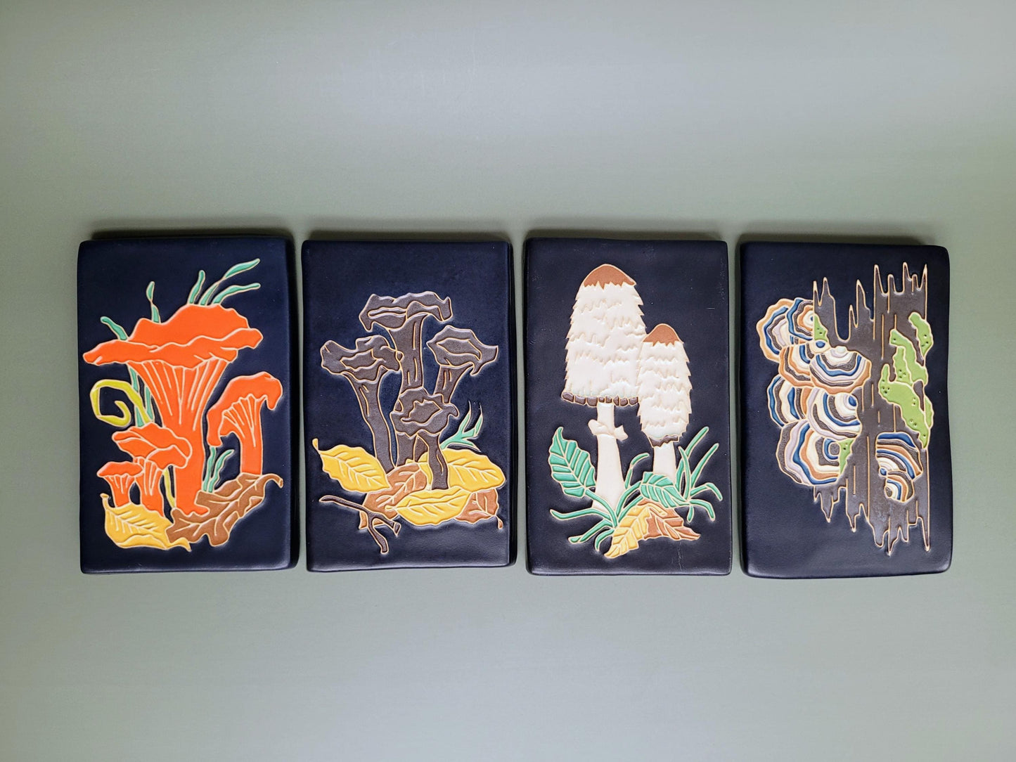 Black Trumpet Mushroom, Horn of Plenty, handmade ceramic art tile