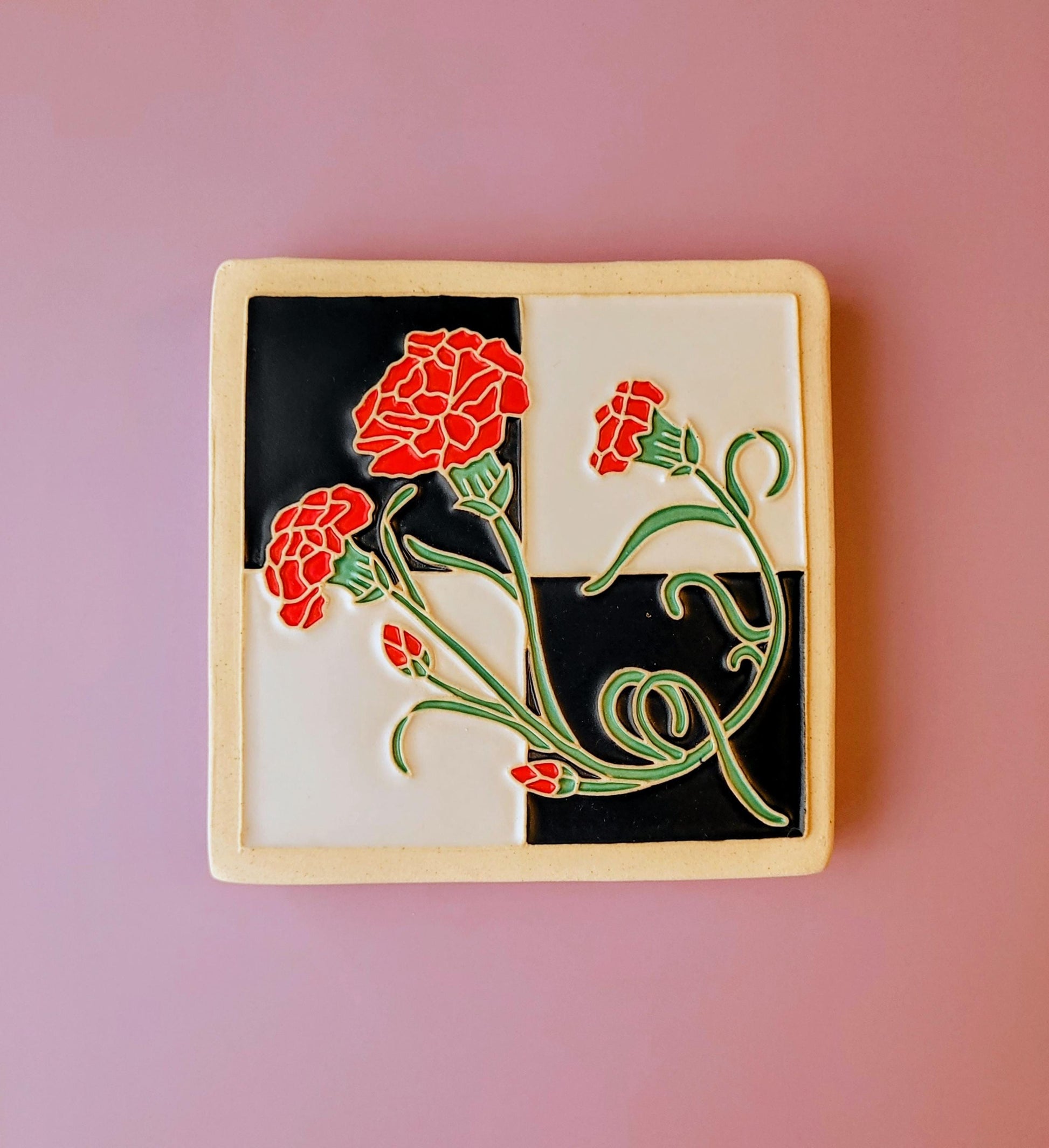 Carnation Flower Tile, Handmade 4x4 ceramic art tile