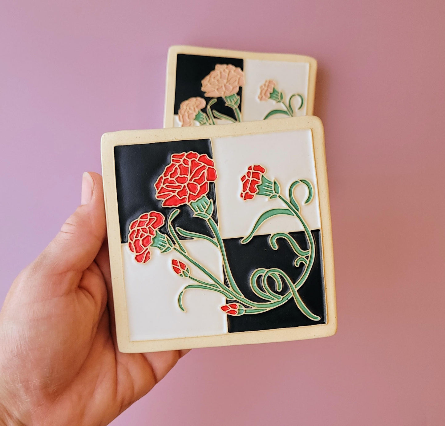 Carnation Flower Tile, Handmade 4x4 ceramic art tile