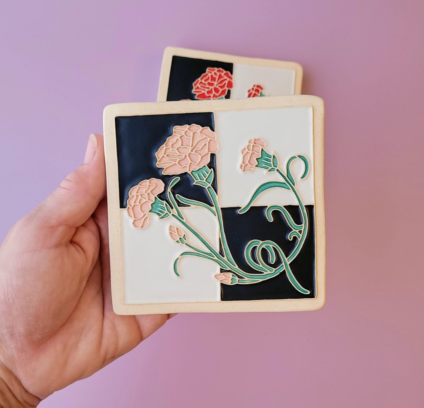 Carnation Flower Tile, Handmade 4x4 ceramic art tile