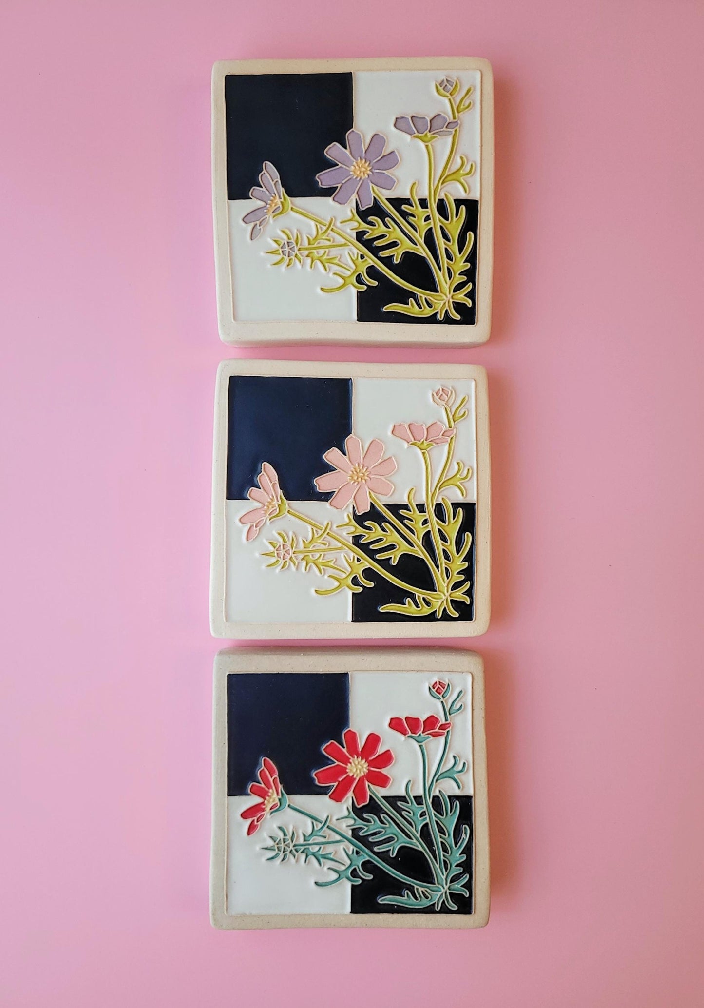 Cosmos flower Tile, Handmade 4x4 ceramic art tile