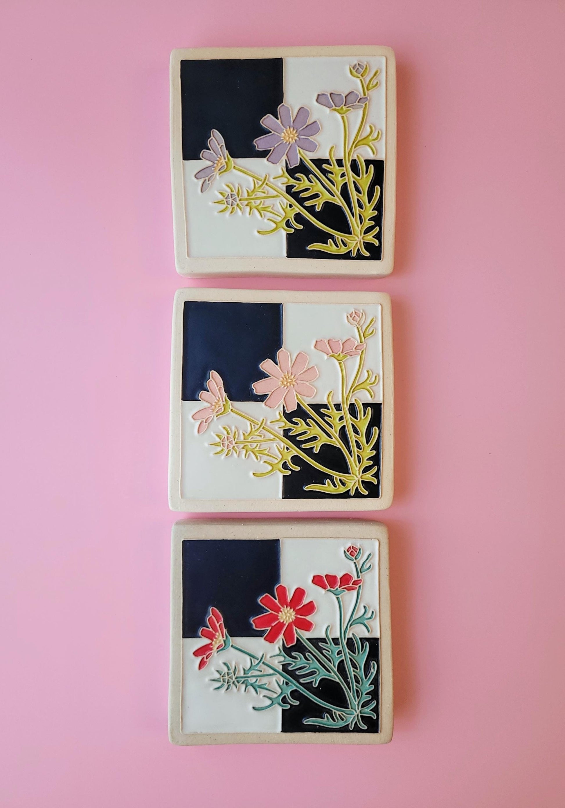 Cosmos flower Tile, Handmade 4x4 ceramic art tile