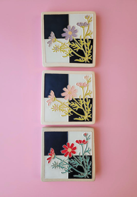 Cosmos flower Tile, Handmade 4x4 ceramic art tile