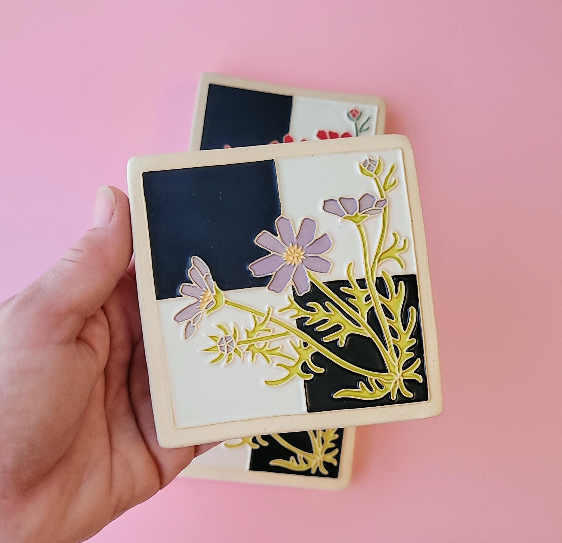 Cosmos flower Tile, Handmade 4x4 ceramic art tile