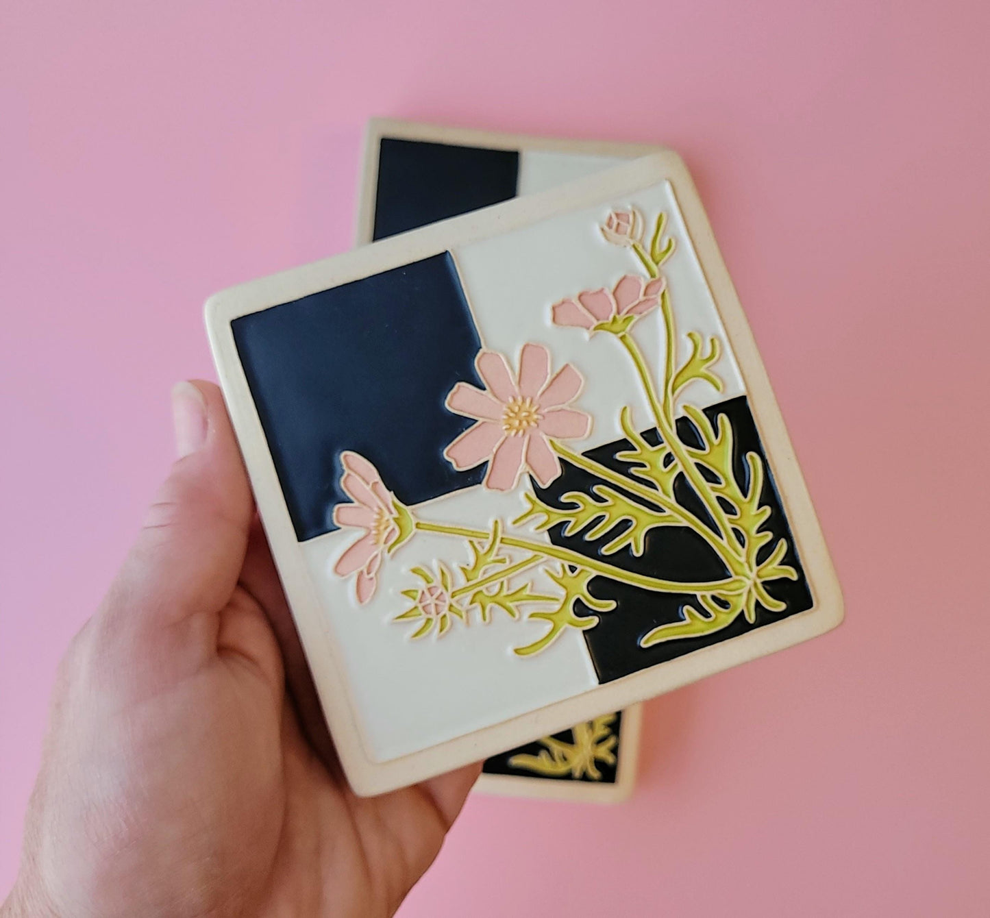 Cosmos flower Tile, Handmade 4x4 ceramic art tile