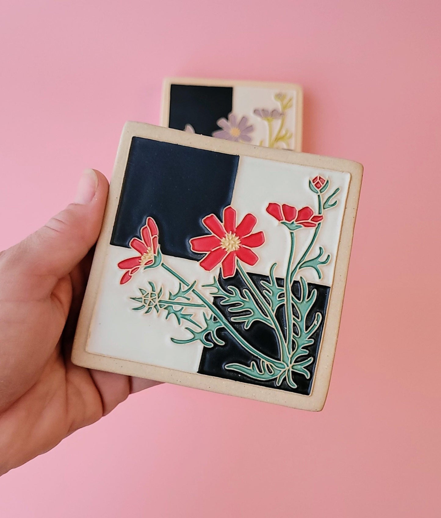 Cosmos flower Tile, Handmade 4x4 ceramic art tile