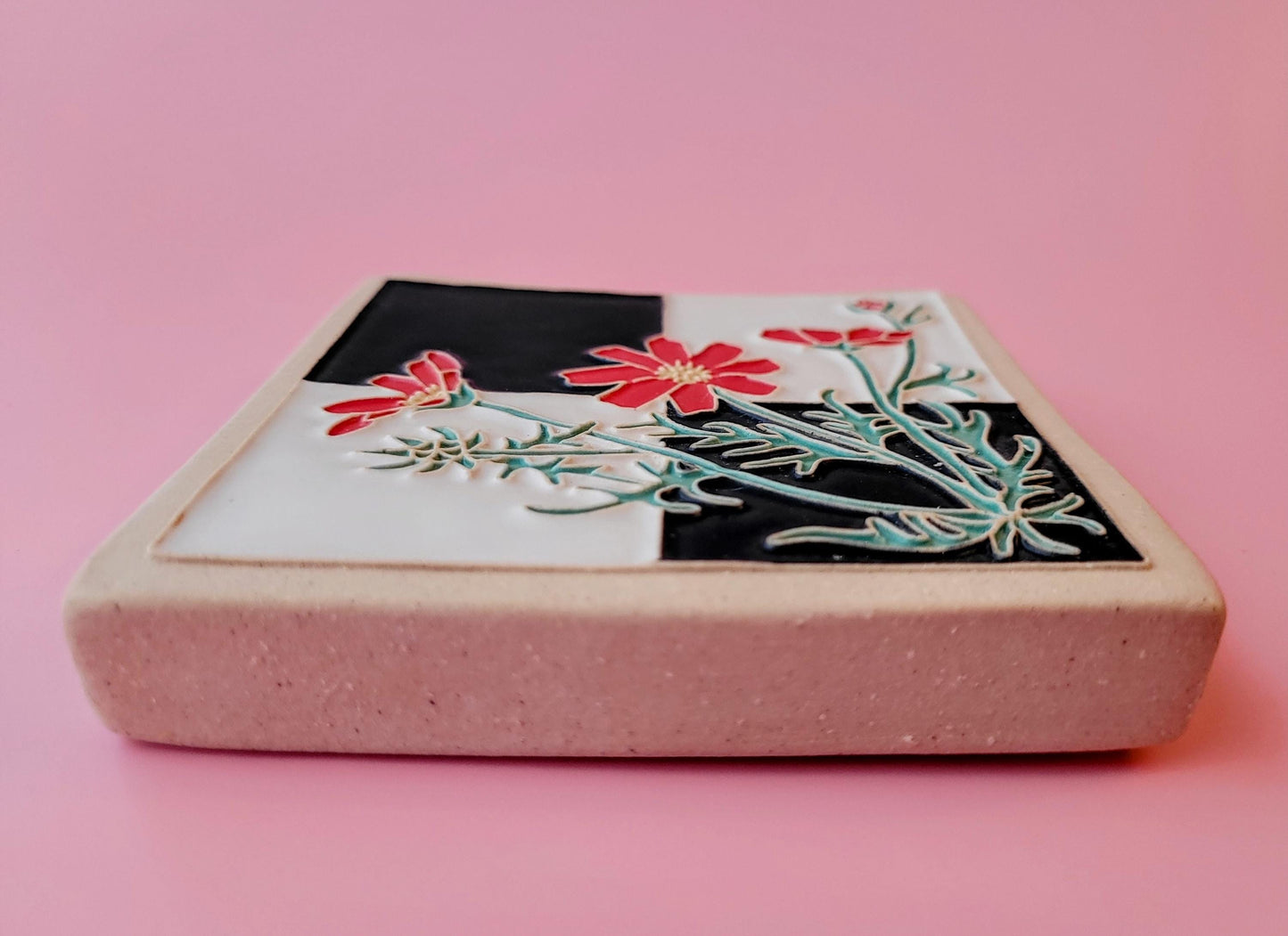 Cosmos flower Tile, Handmade 4x4 ceramic art tile