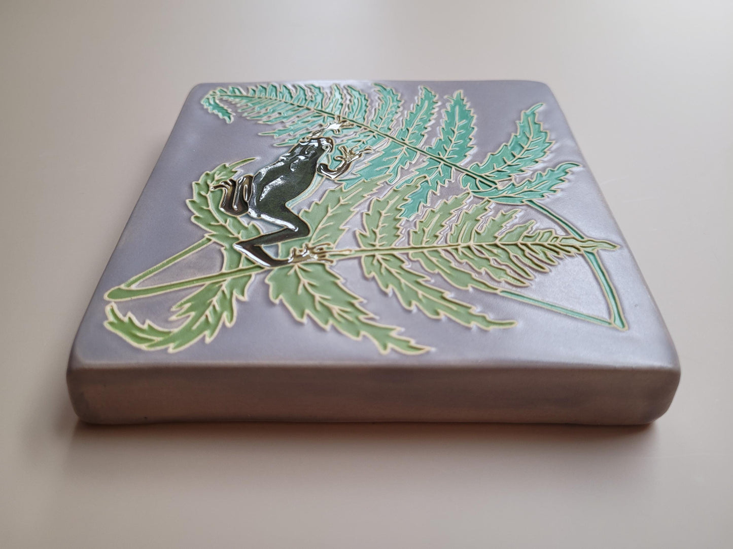 Frog and Fern, 5x5 handmade ceramic art tile