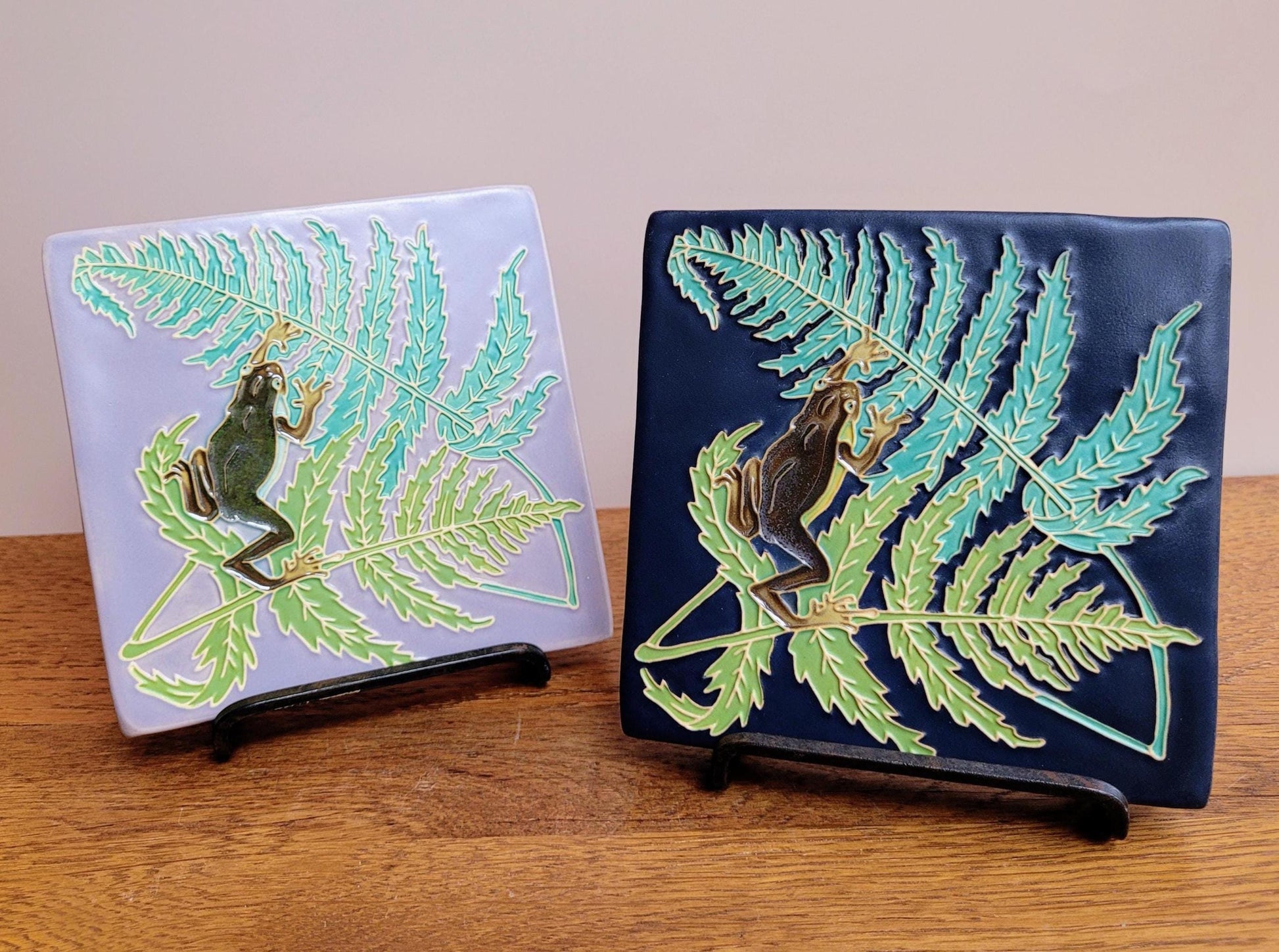 Frog and Fern, 5x5 handmade ceramic art tile