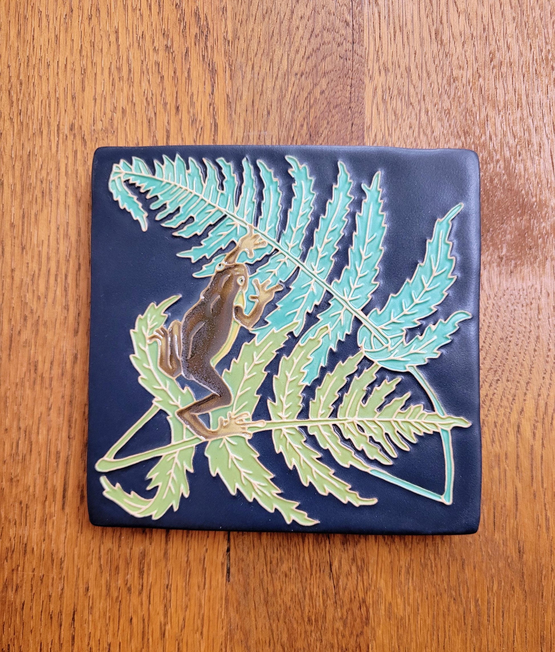 Frog and Fern, 5x5 handmade ceramic art tile