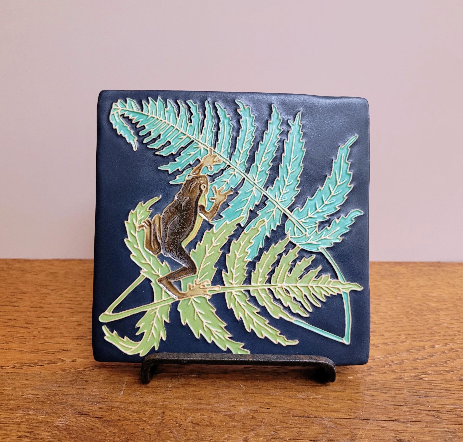 Frog and Fern, 5x5 handmade ceramic art tile