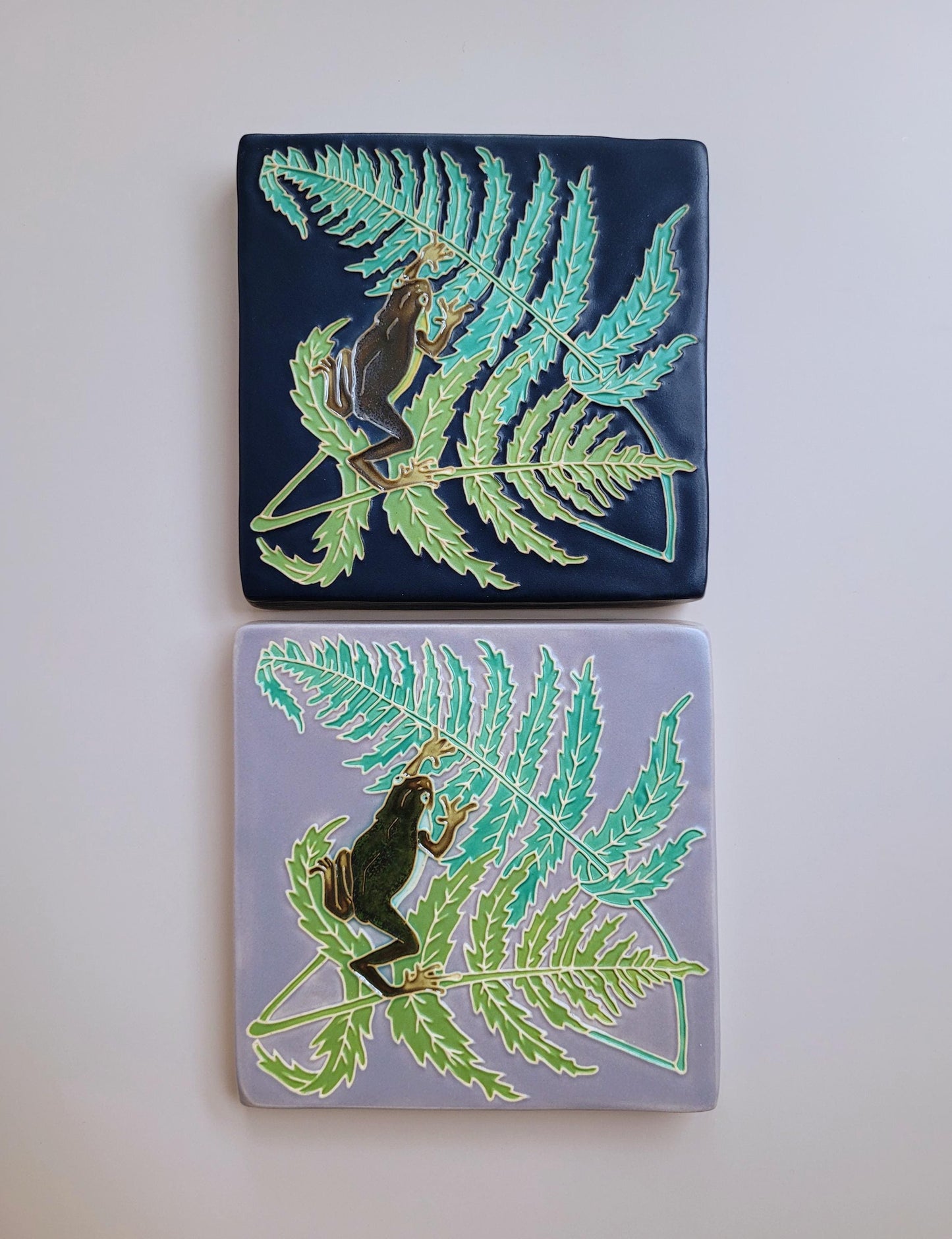 Frog and Fern, 5x5 handmade ceramic art tile