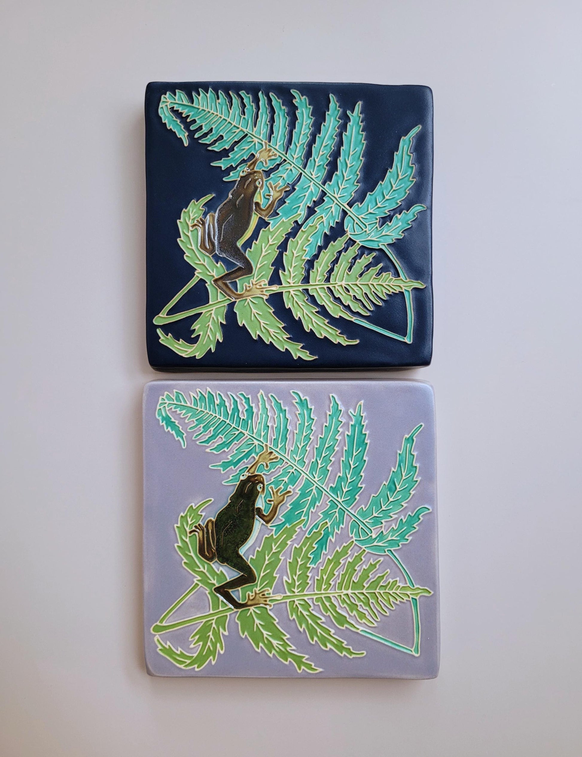 Frog and Fern, 5x5 handmade ceramic art tile