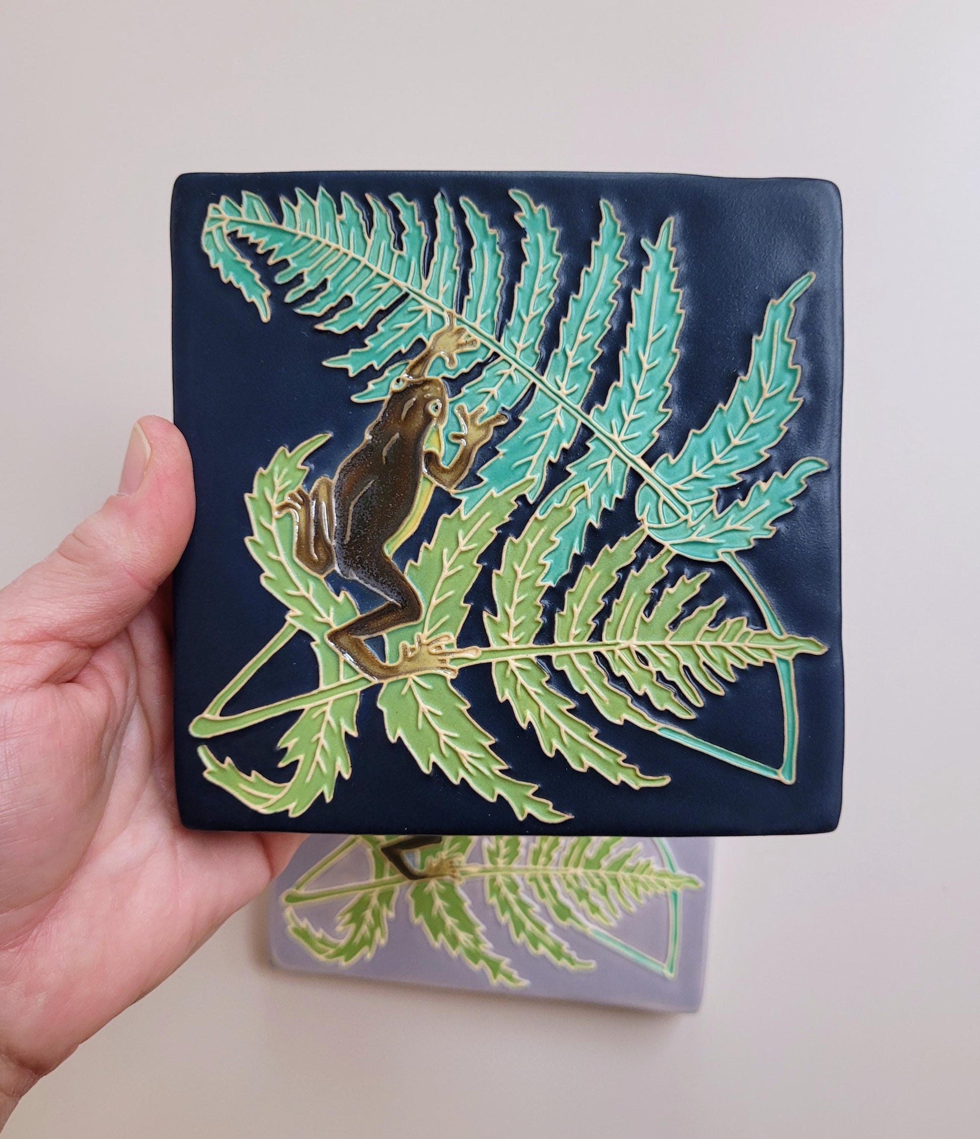 Frog and Fern, 5x5 handmade ceramic art tile