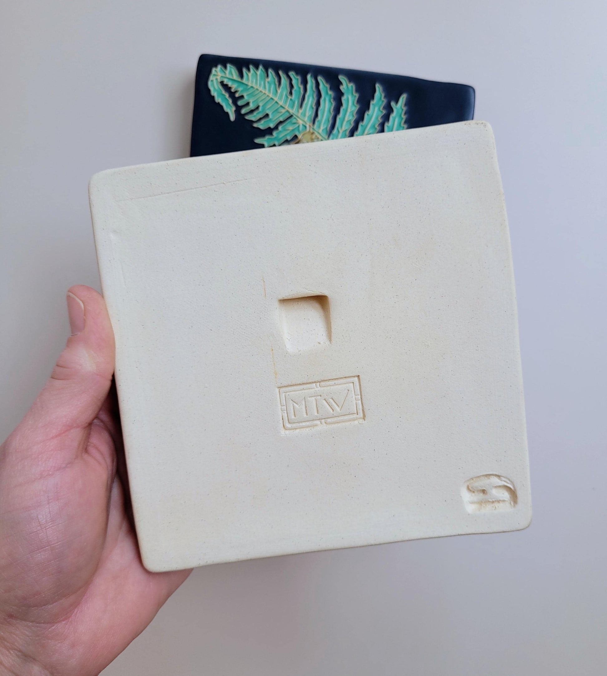 Frog and Fern, 5x5 handmade ceramic art tile