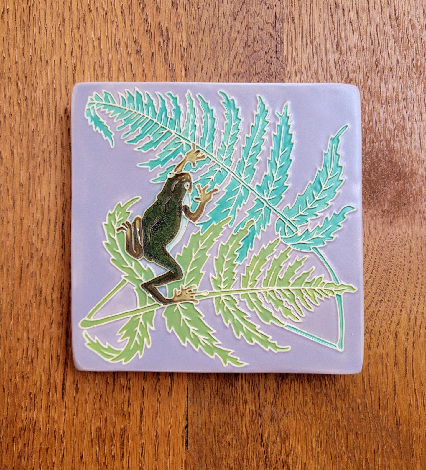 Frog and Fern, 5x5 handmade ceramic art tile