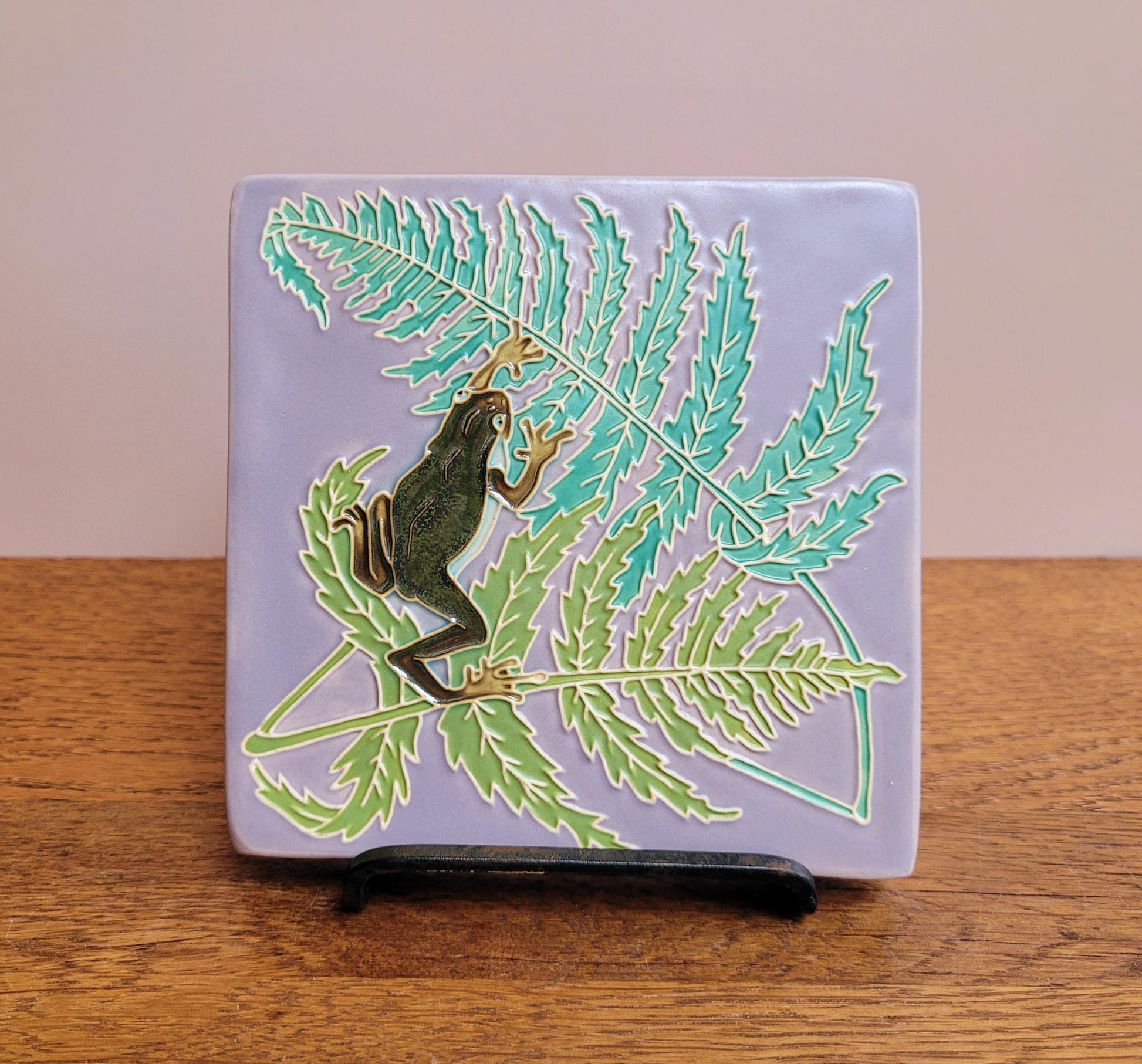 Frog and Fern, 5x5 handmade ceramic art tile