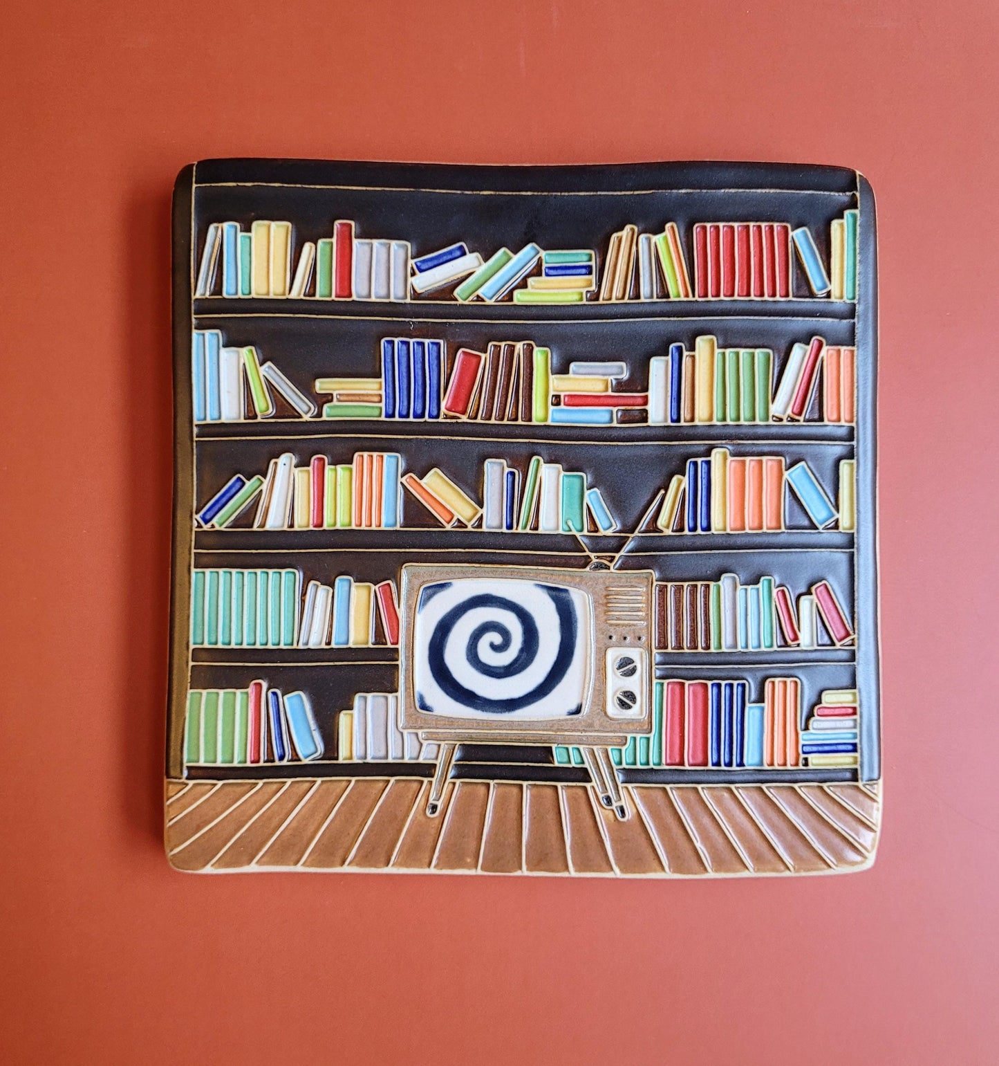 Handmade Ceramic Art Tile: Mid-Century Modern Library Scene