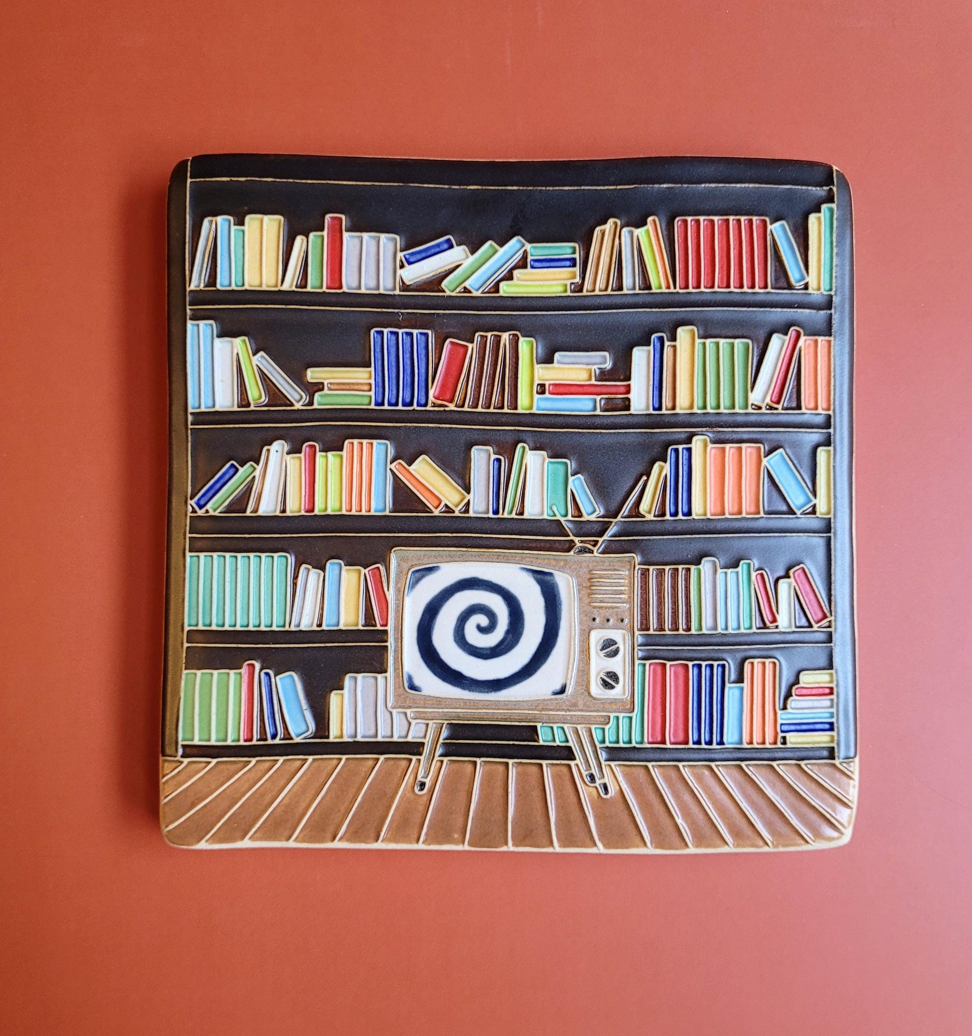 Handmade Ceramic Art Tile: Mid-Century Modern Library Scene