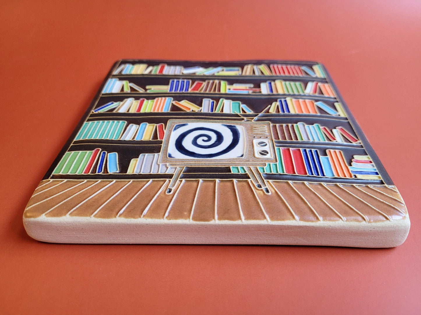 Handmade Ceramic Art Tile: Mid-Century Modern Library Scene