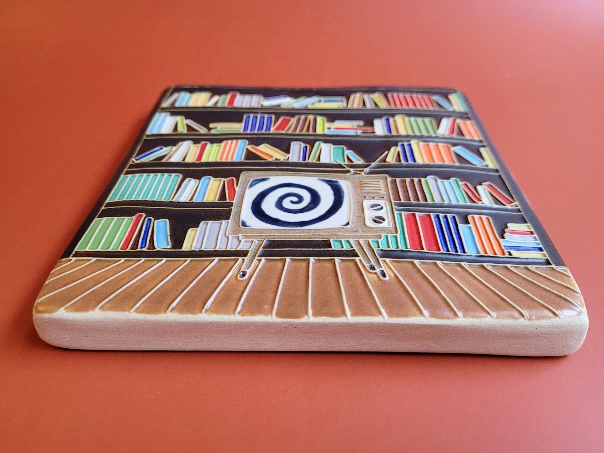 Handmade Ceramic Art Tile: Mid-Century Modern Library Scene