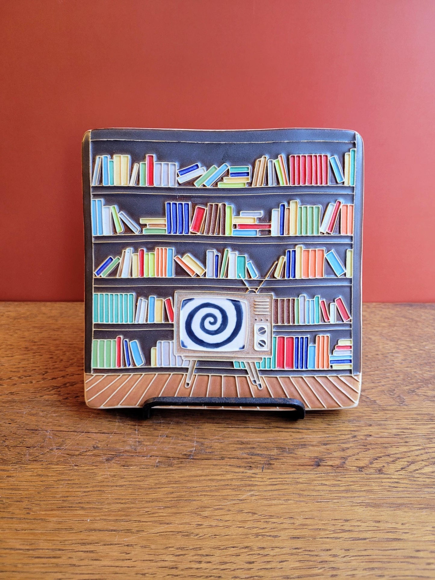 Handmade Ceramic Art Tile: Mid-Century Modern Library Scene