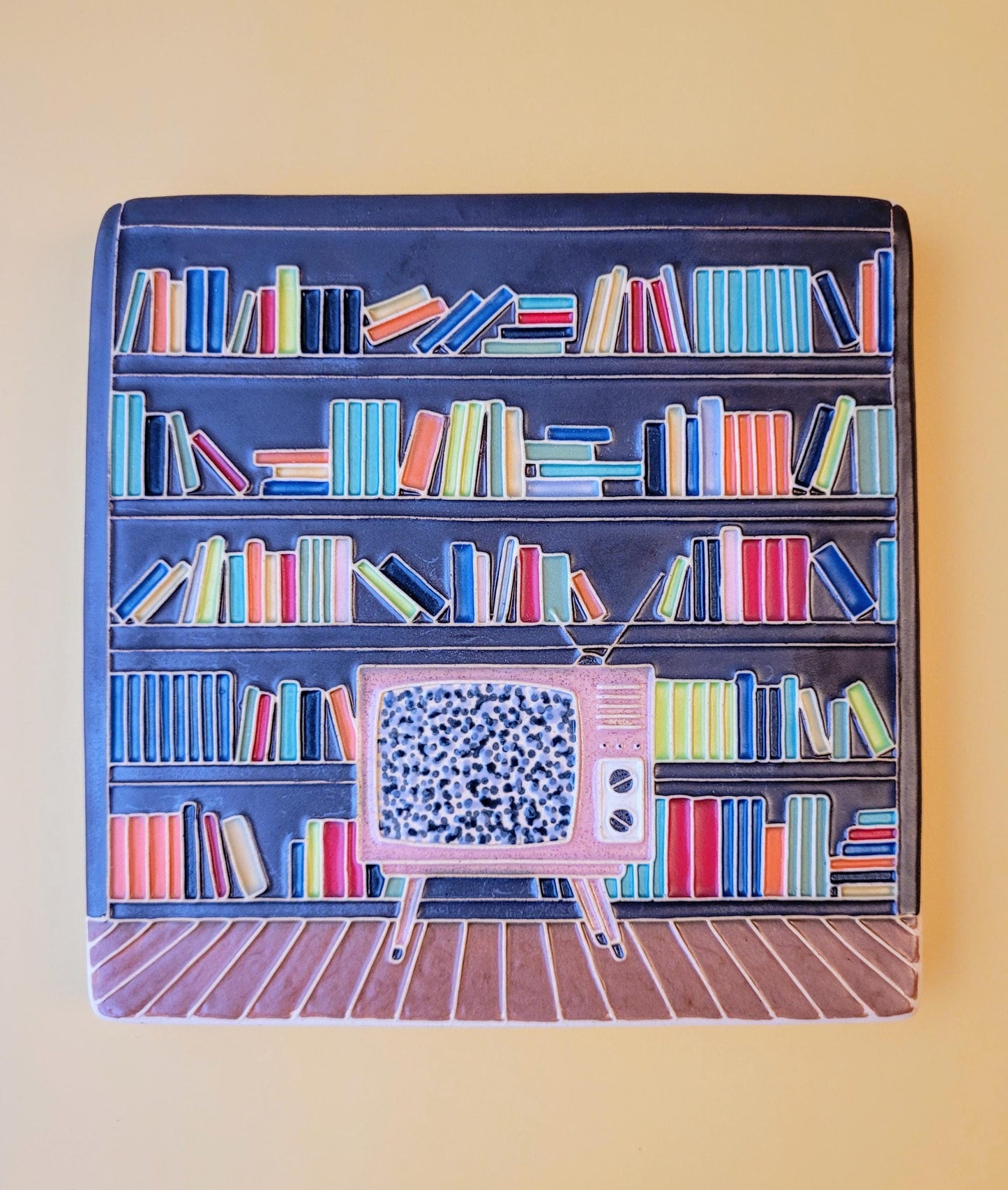 Handmade Ceramic Art Tile: Mid-Century Modern Library Scene
