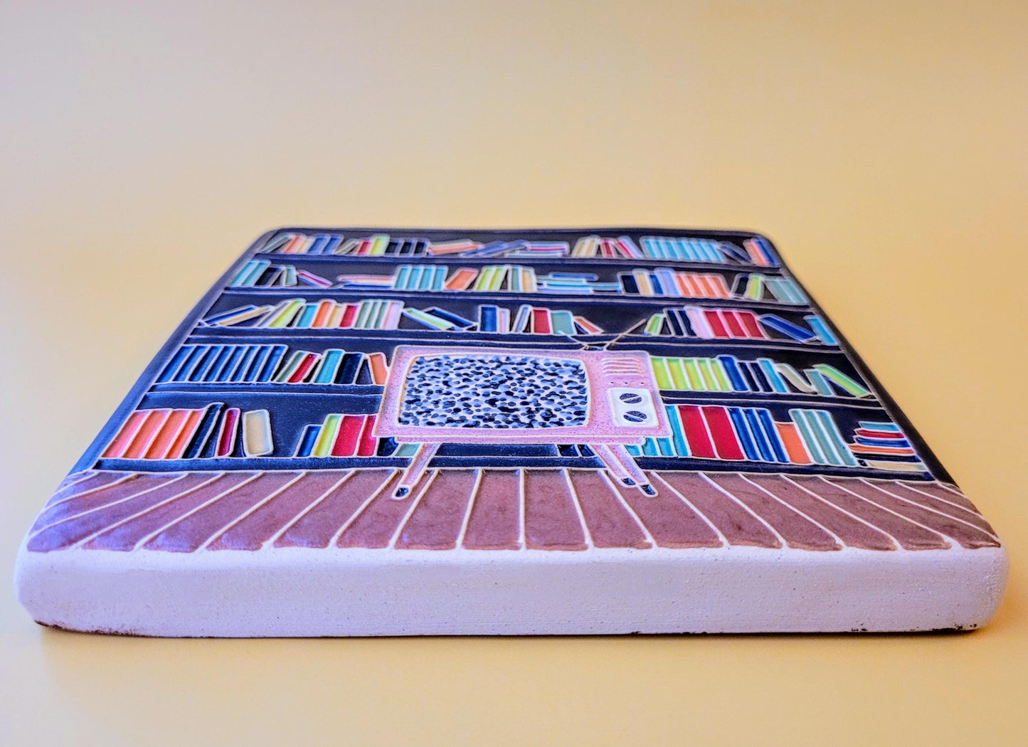 Handmade Ceramic Art Tile: Mid-Century Modern Library Scene