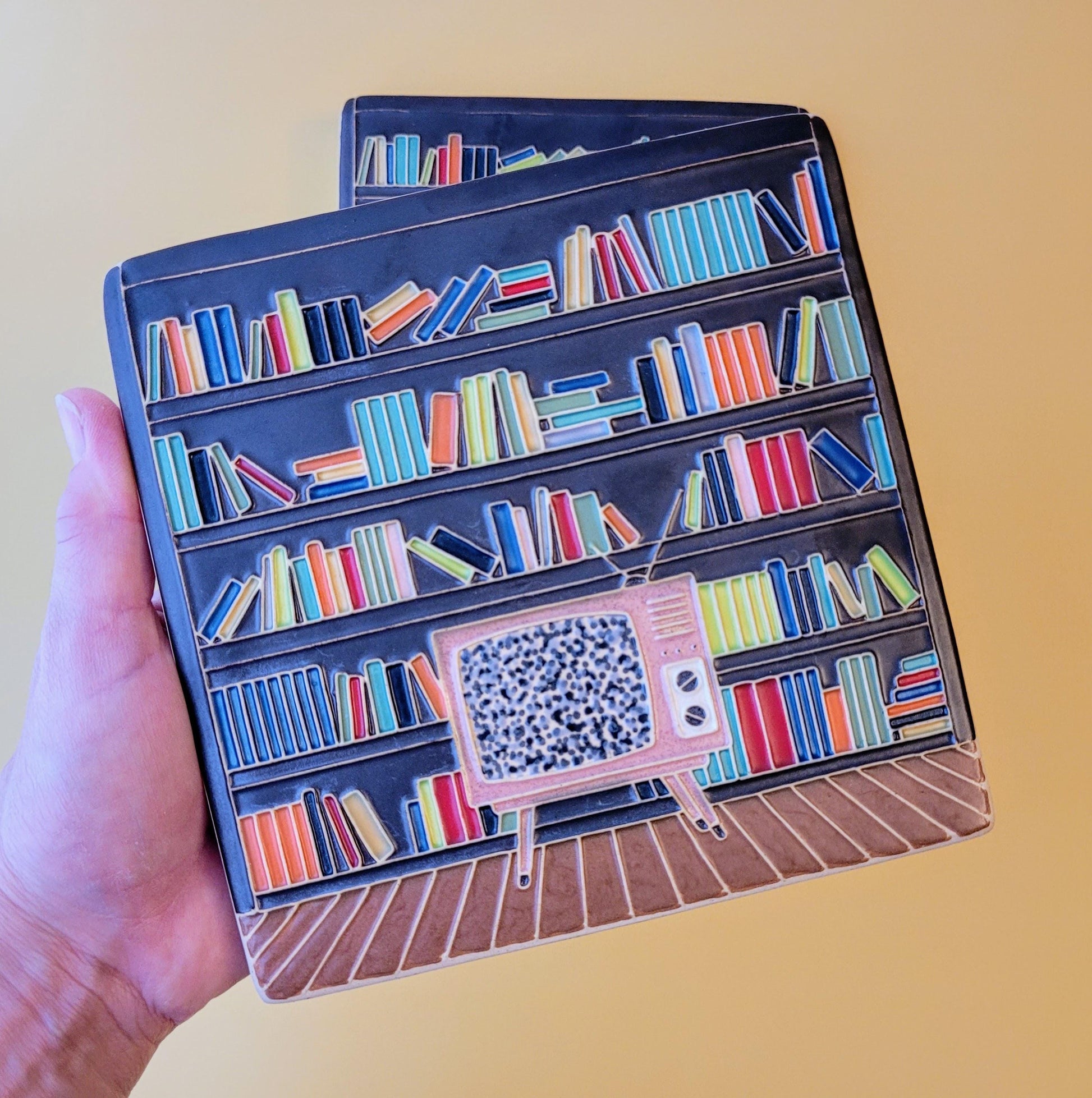 Handmade Ceramic Art Tile: Mid-Century Modern Library Scene