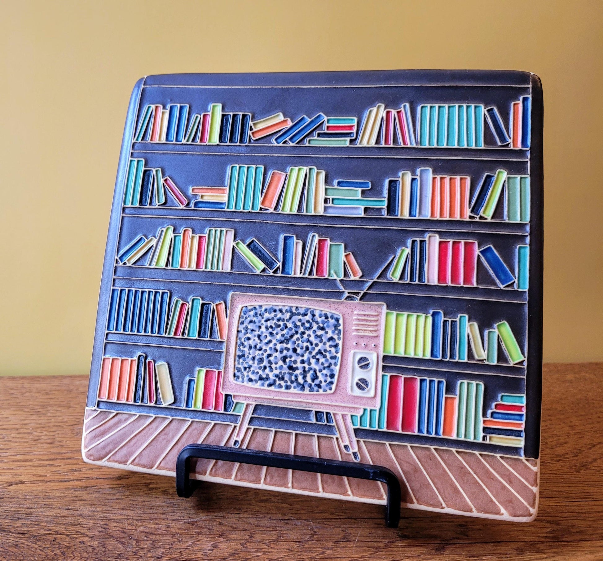 Handmade Ceramic Art Tile: Mid-Century Modern Library Scene