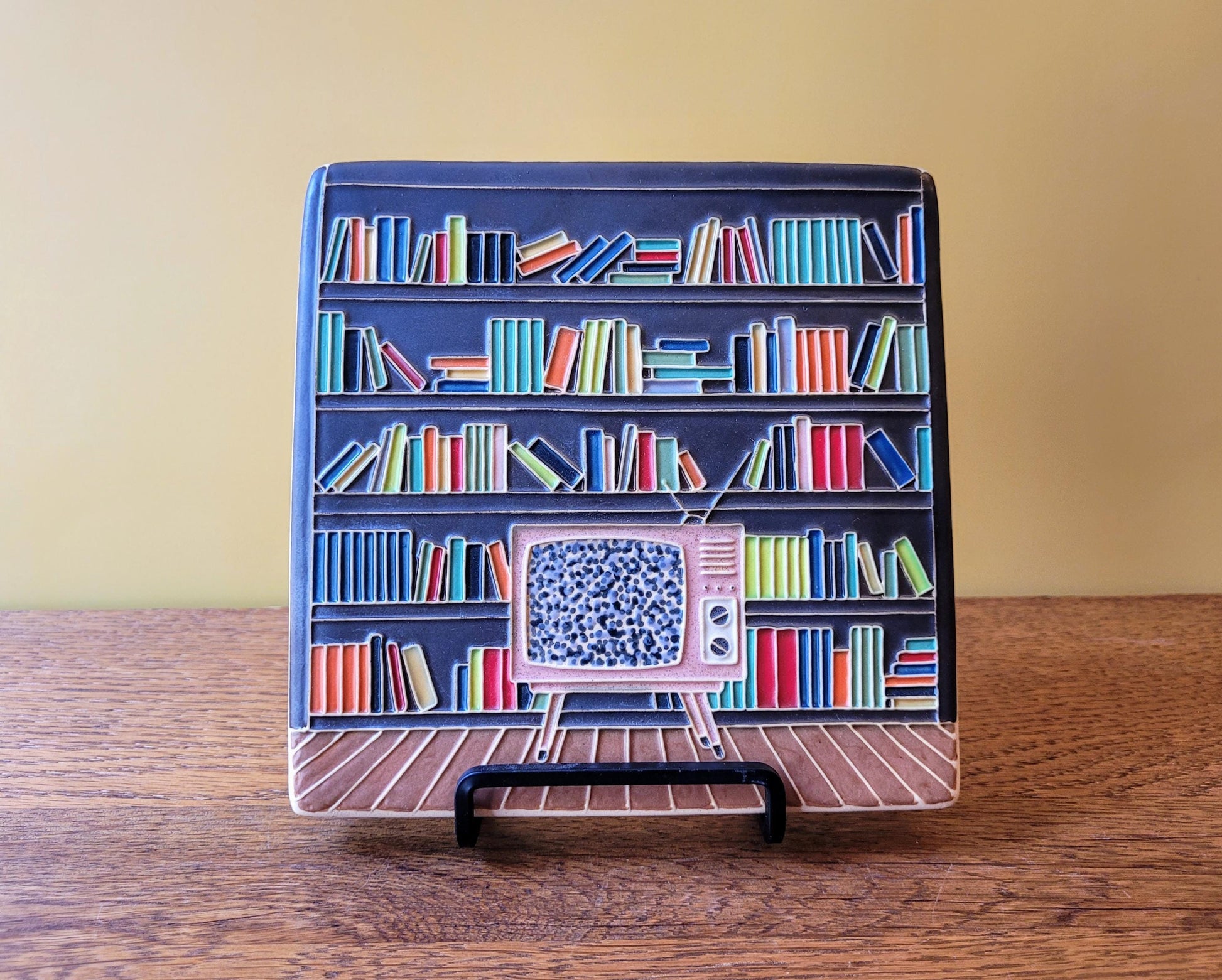 Handmade Ceramic Art Tile: Mid-Century Modern Library Scene