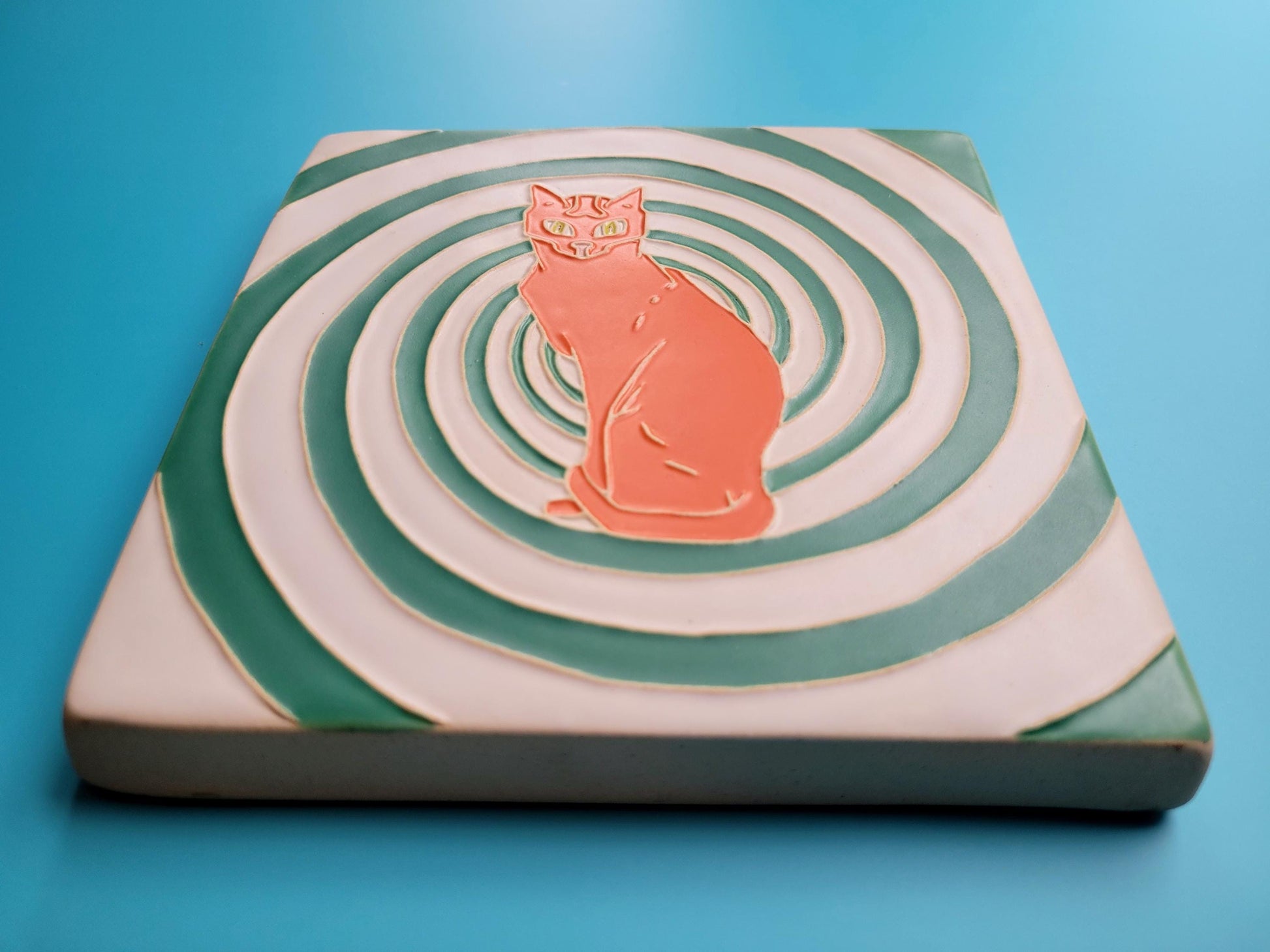 Hypnotic Cat Tile, Handmade 6x6 ceramic tile