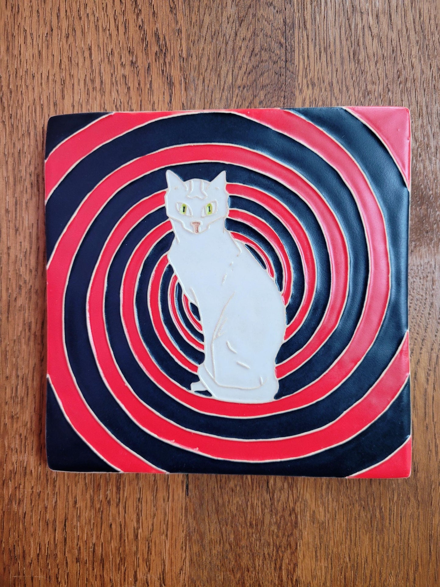Hypnotic Cat Tile, Handmade 6x6 ceramic tile