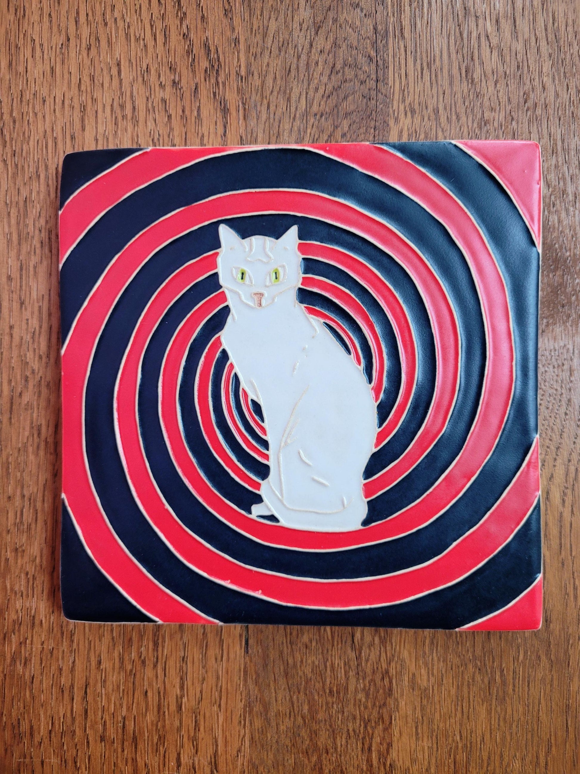 Hypnotic Cat Tile, Handmade 6x6 ceramic tile