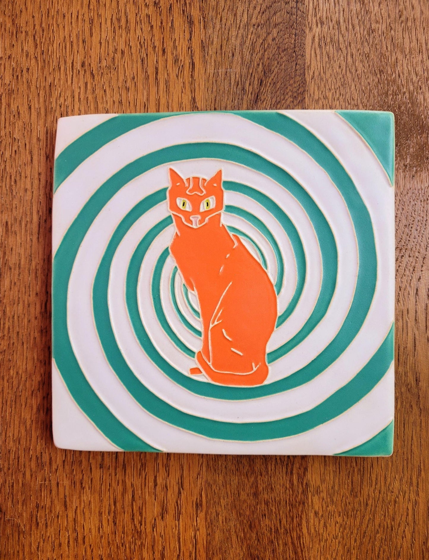 Hypnotic Cat Tile, Handmade 6x6 ceramic tile