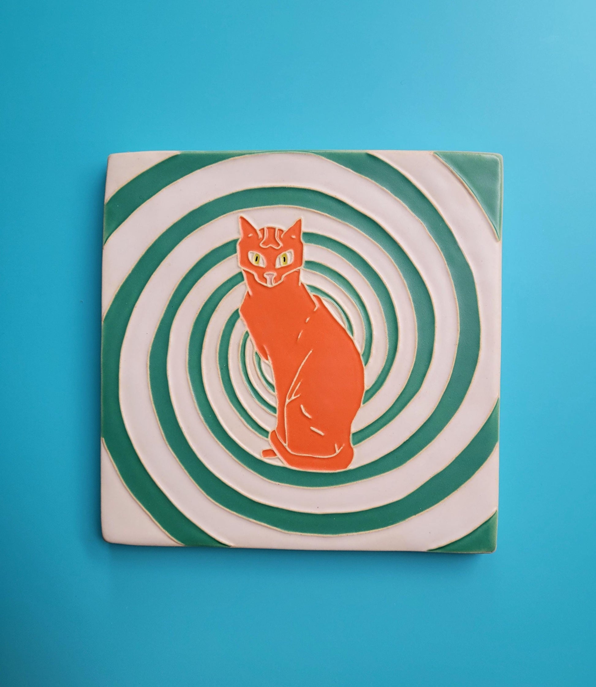 Hypnotic Cat Tile, Handmade 6x6 ceramic tile