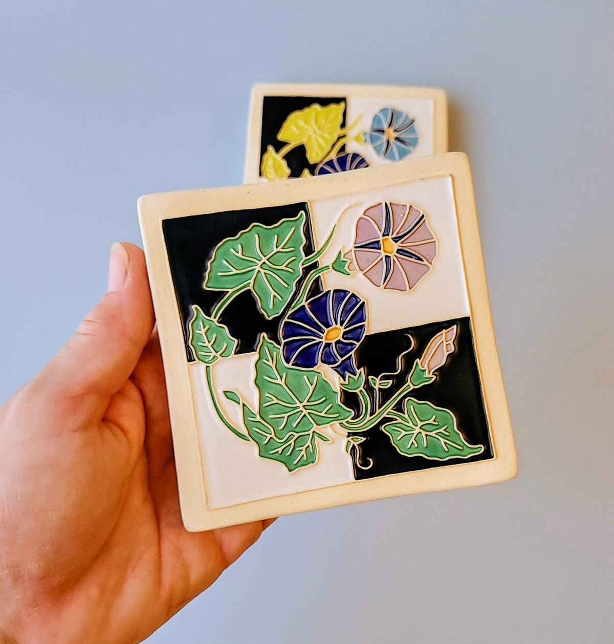 Morning Glory Tile, Handmade ceramic art tile