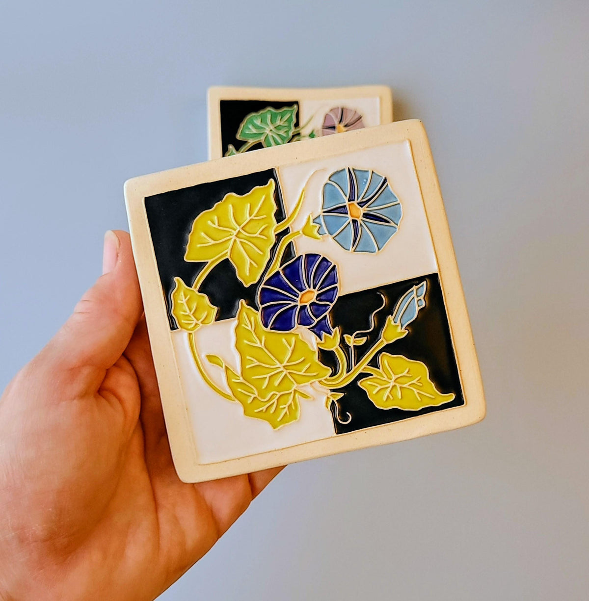 Morning Glory Tile, Handmade ceramic art tile