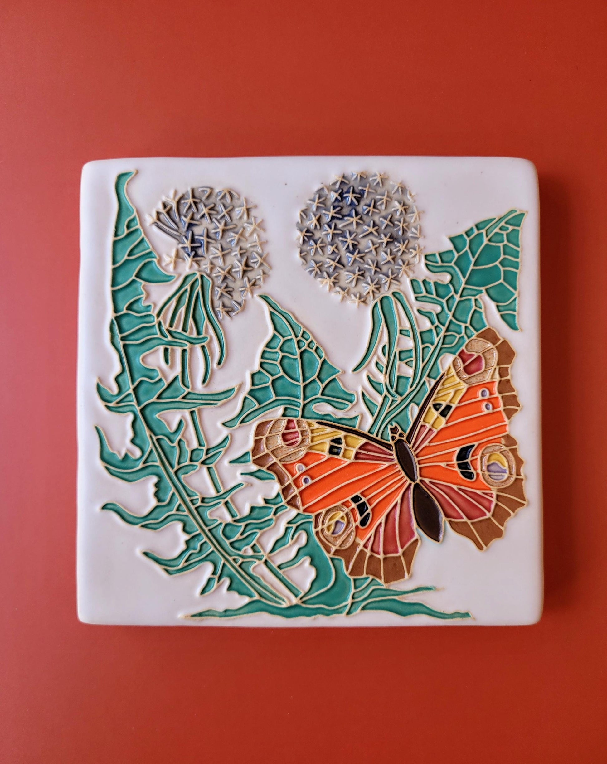 Peacock butterfly Dandelion tile, 5x5 handmade ceramic art tile